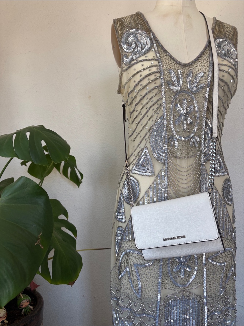 Michael Kors Cream Pebbled Leather Crossbody with Chain Strap